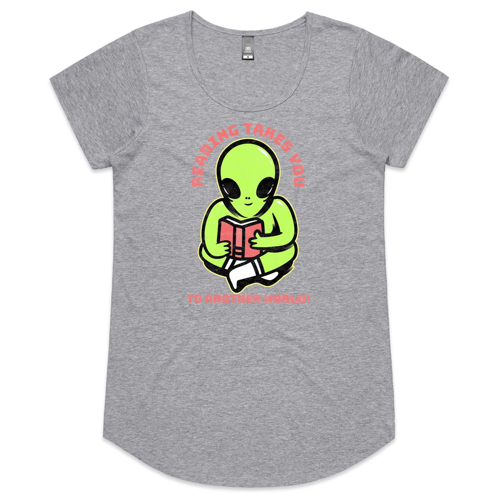 Reading Takes You To Another World, Alien - Womens Scoop Neck T-Shirt Grey Marle Womens Scoop Neck T-shirt Printed In Australia Reading Sci Fi