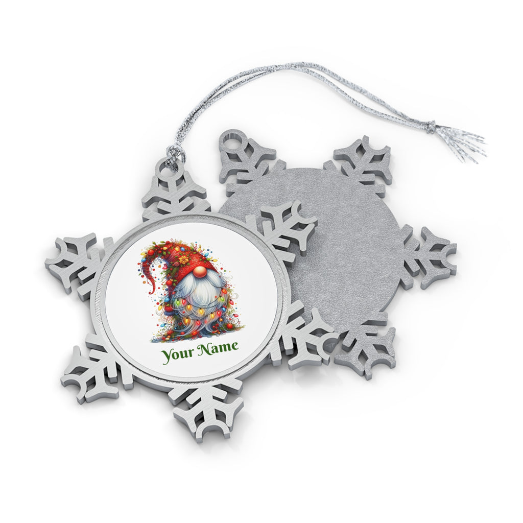 Personalised - Christmas Gnome Wrapped In Lights - Christmas Pewter Snowflake Ornament