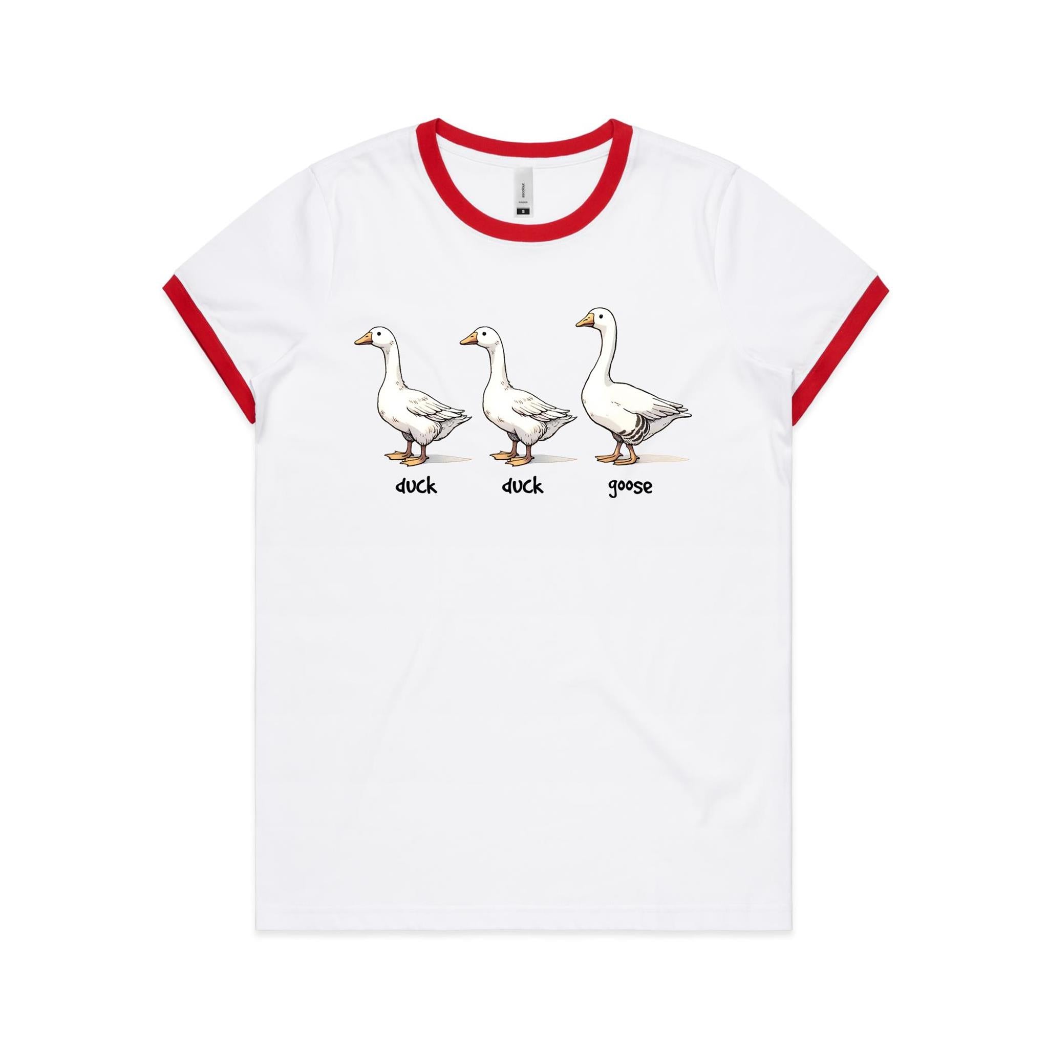 Duck Duck Goose - Women's Ringer Tee White Red Womens Ringer T-shirt animal Games Printed In Australia