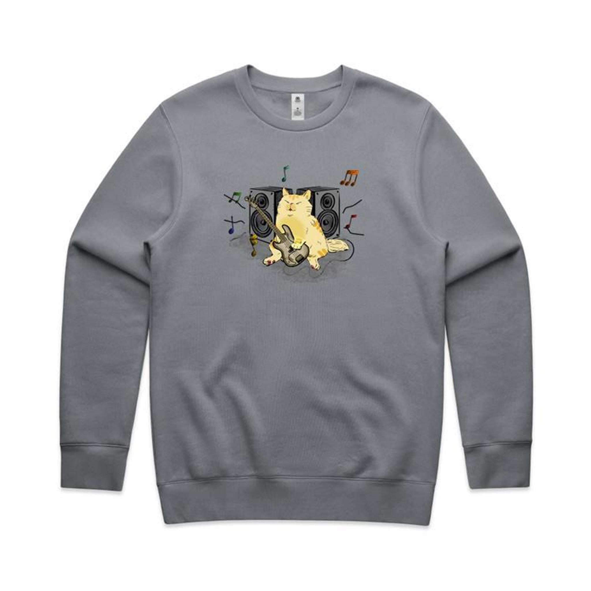 Cat Bass Player - AS Colour Stencil Crew Gravel Sweatshirt animal Music Printed In Australia