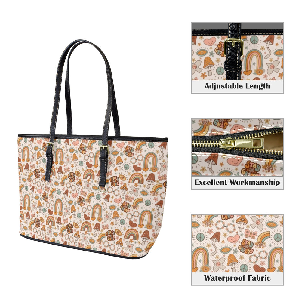 Peace And Love PU Leather Tote Bag Large Leather Tote Bag-Large Love Printed Offshore Retro
