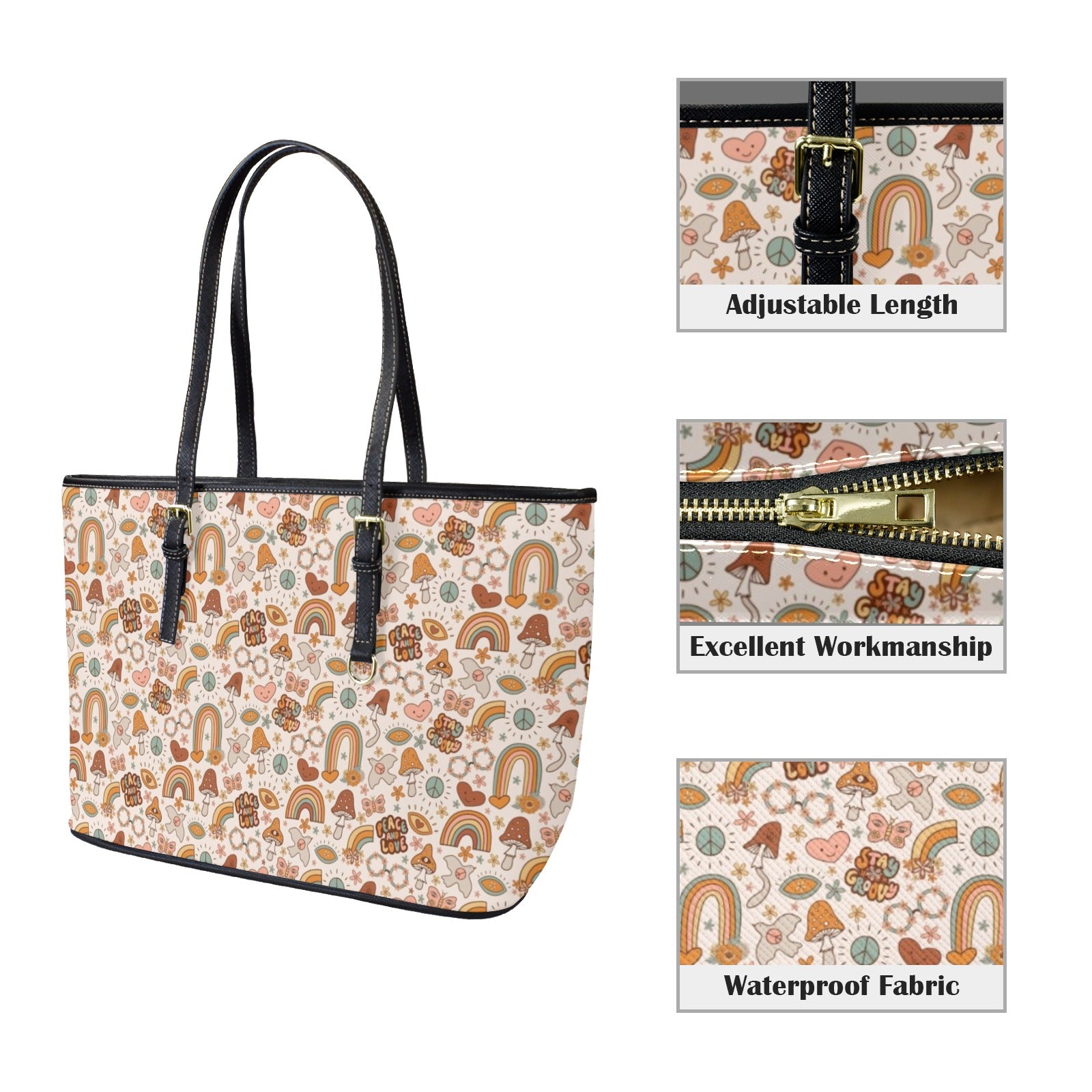 Peace And Love - PU Leather Tote Bag - Large