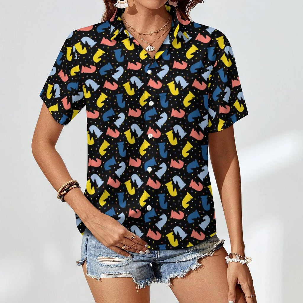 Colourful Chess Women's Collared Pocketless Short Sleeve Shirt
