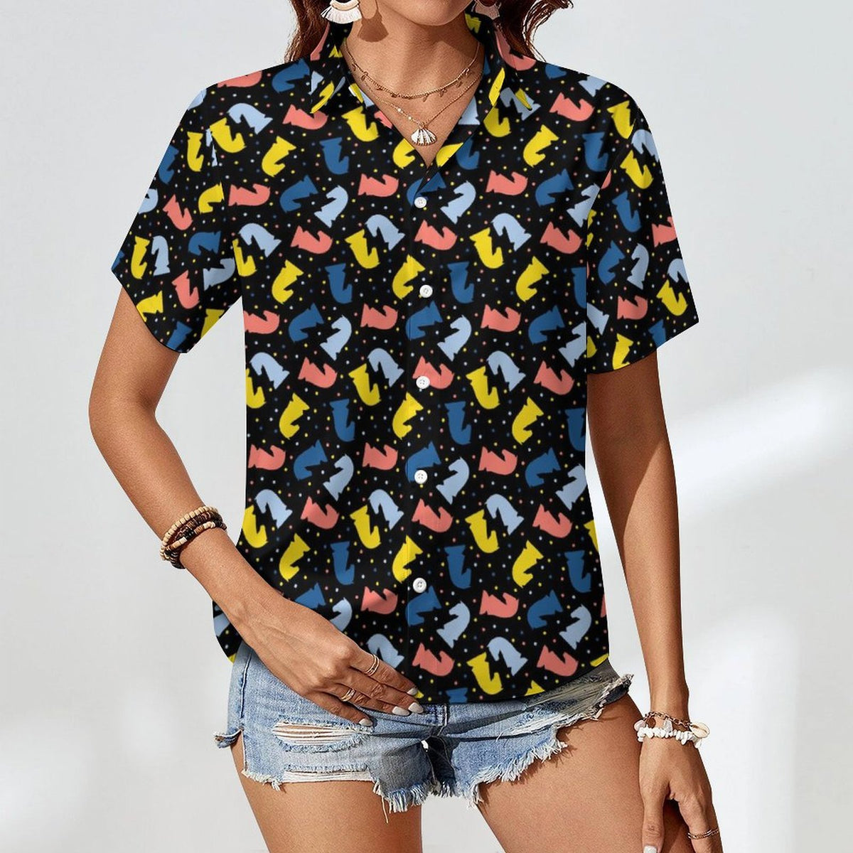 Colourful Chess Women's Collared Pocketless Short Sleeve Shirt