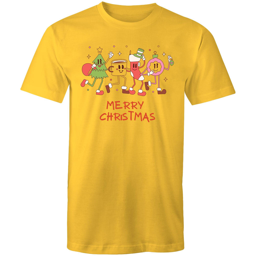 Crazy Christmas Characters - Mens T-Shirt Yellow Mens Christmas T-shirt Christmas Printed In Australia