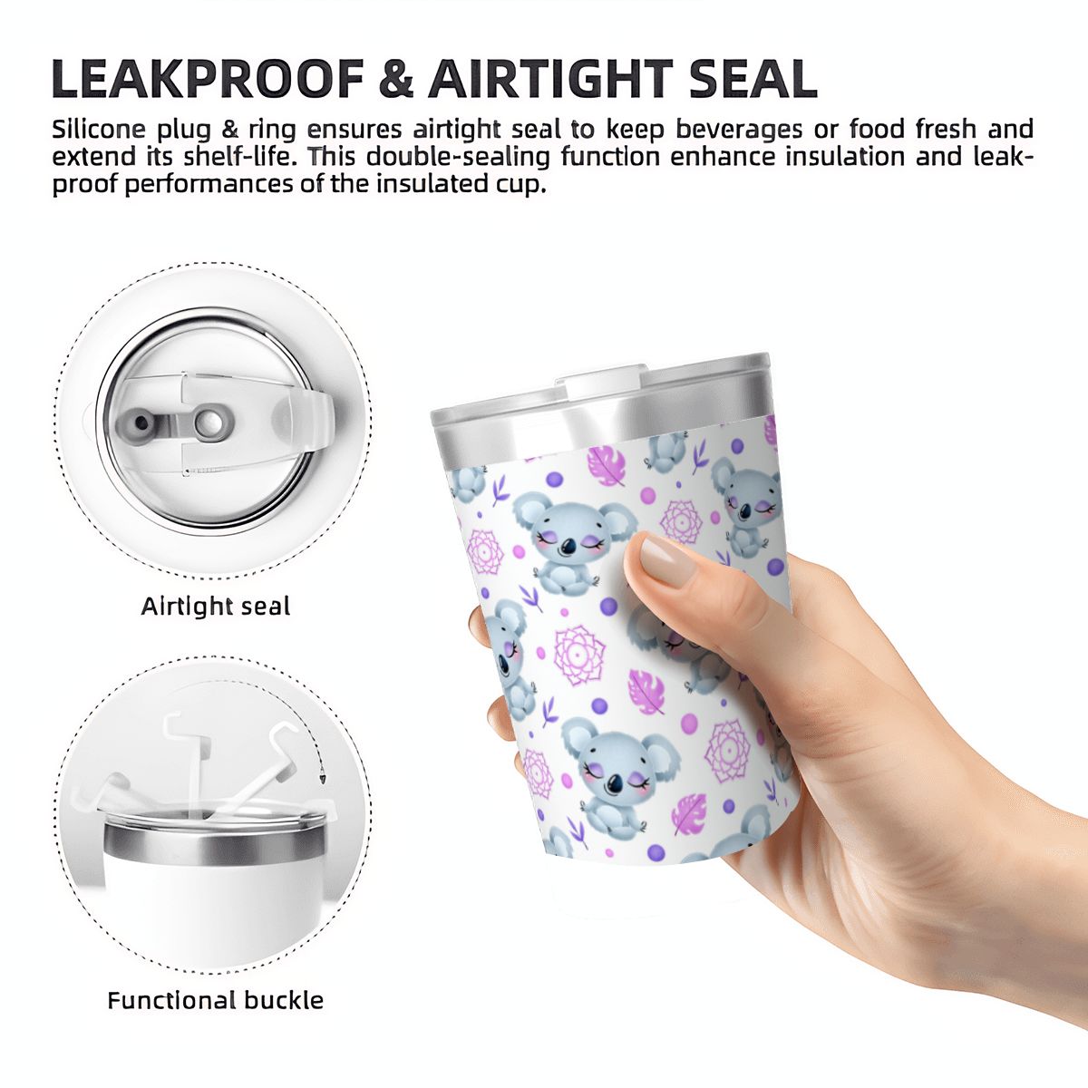 Zen Koala Small Stainless Steel Travel Mug Cup 12oz/350ml