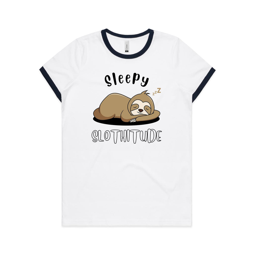 Sleepy Slothitude - Women's Ringer Tee White Navy Womens Ringer T-shirt animal Printed In Australia