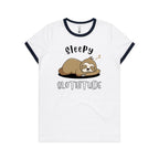 Sleepy Slothitude - Women's Ringer Tee White Navy Womens Ringer T-shirt animal Printed In Australia