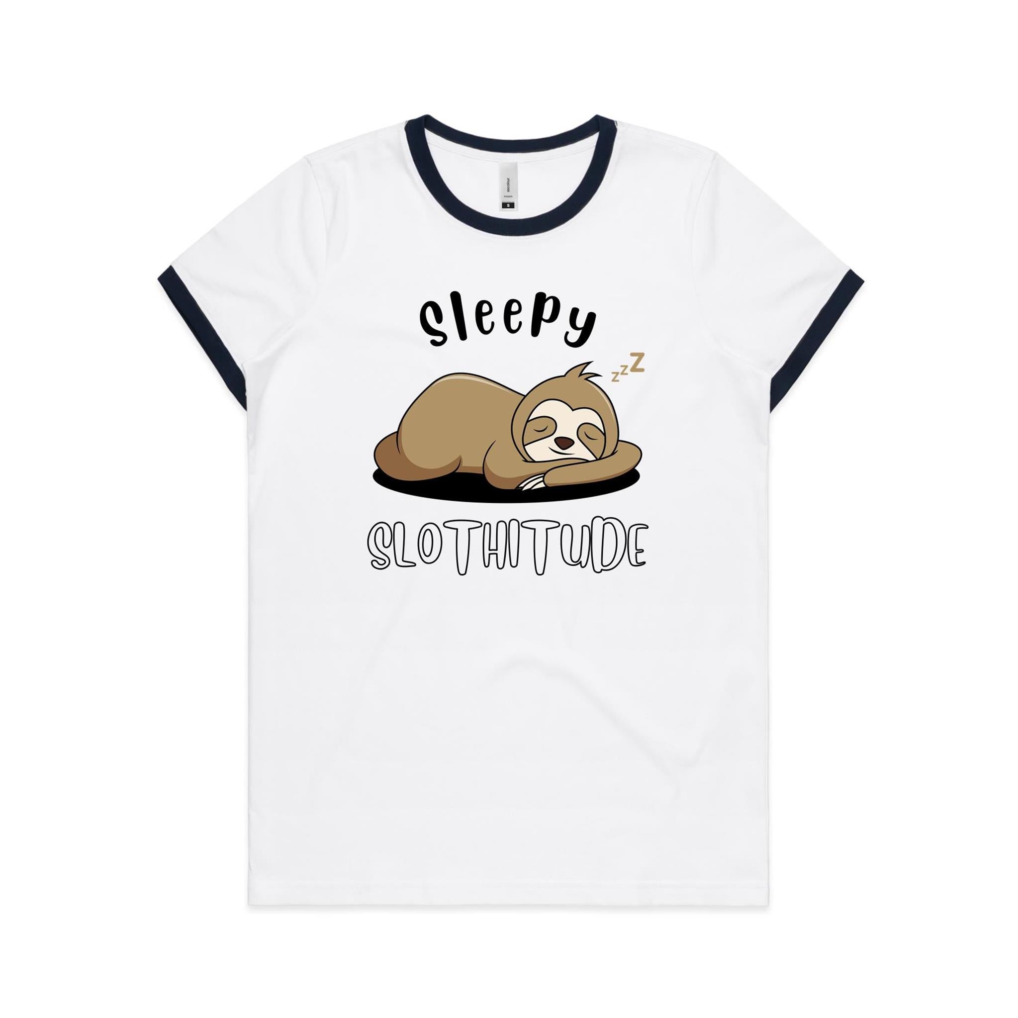Sleepy Slothitude - Women's Ringer Tee White Navy Womens Ringer T-shirt animal Printed In Australia