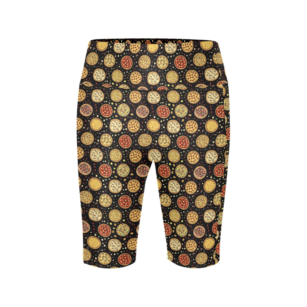 Round Pizzas On Black Women's Bike Shorts With Side Pockets
