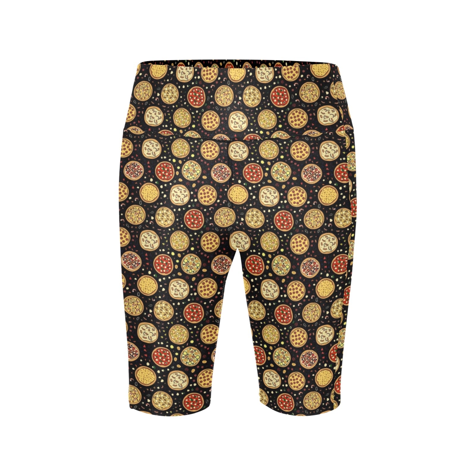 Round Pizzas On Black Women's Bike Shorts With Side Pockets