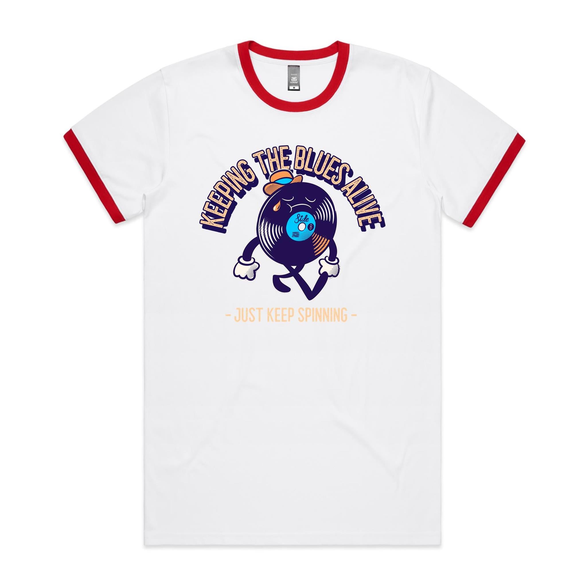 Keeping The Blues Alive - Staple Ringer Tee White Red Ringer T-Shirt Music Printed In Australia