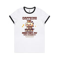 Caffeine Maintains My Sunny Personality - Women's AS Colour Ringer Tee White Black Womens Ringer T-shirt Coffee Printed In Australia