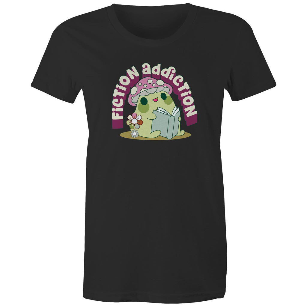 Fiction Addiction - Womens T-shirt Black Womens T-shirt Printed In Australia Reading