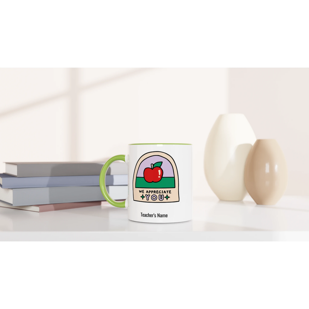Personalise - We Appreciate You, Teacher, Apple - White 11oz Ceramic Mug with Colour Inside Personalised 11oz Mug