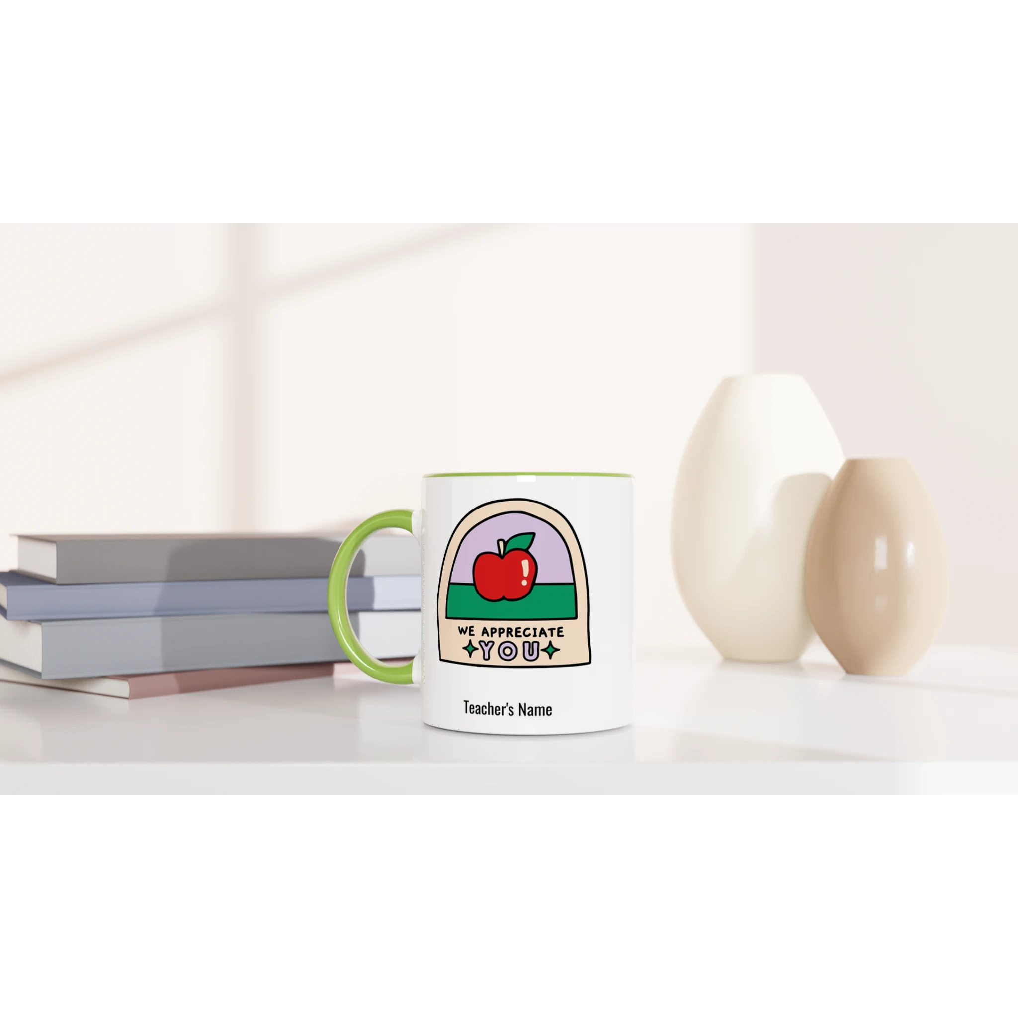 Personalise - We Appreciate You, Teacher, Apple - White 11oz Ceramic Mug with Colour Inside Personalised 11oz Mug
