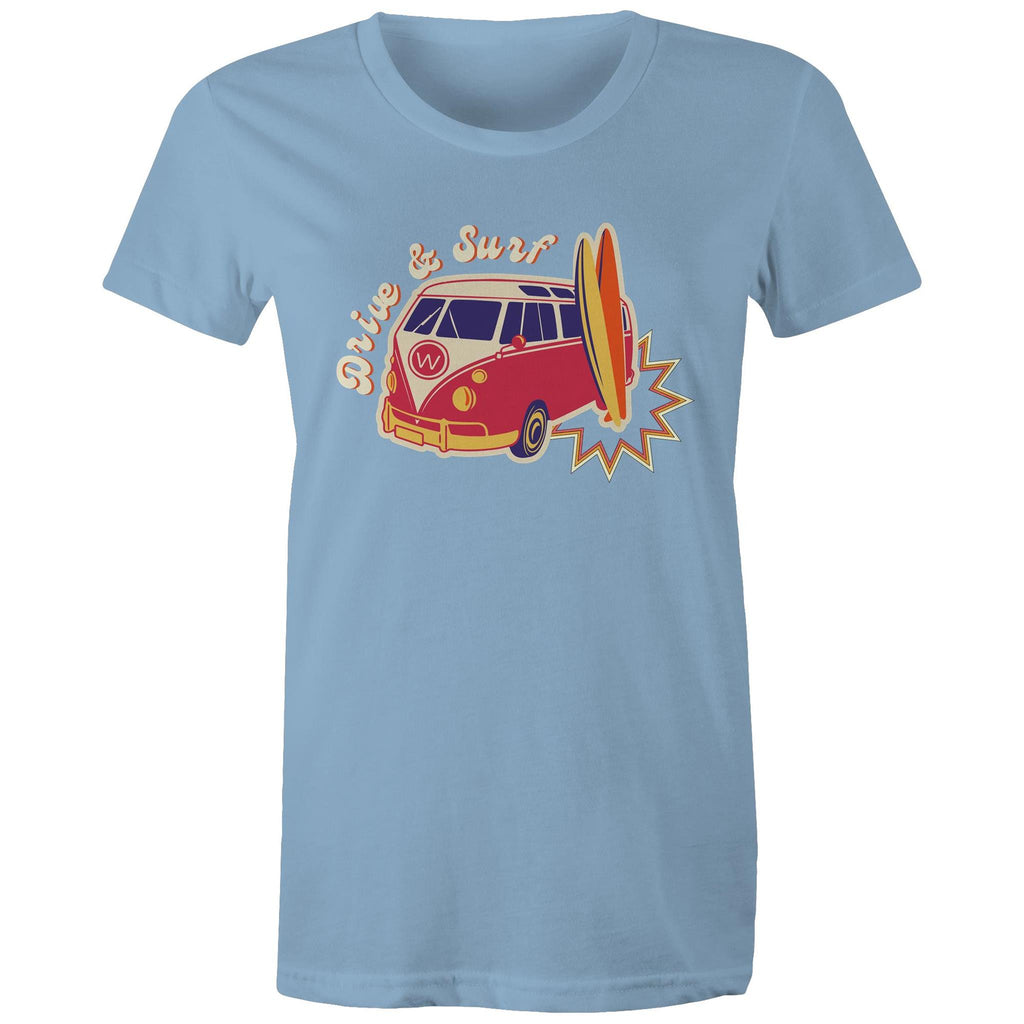 Drive And Surf - Womens T-shirt Carolina Blue Womens T-shirt Printed In Australia Summer Surf