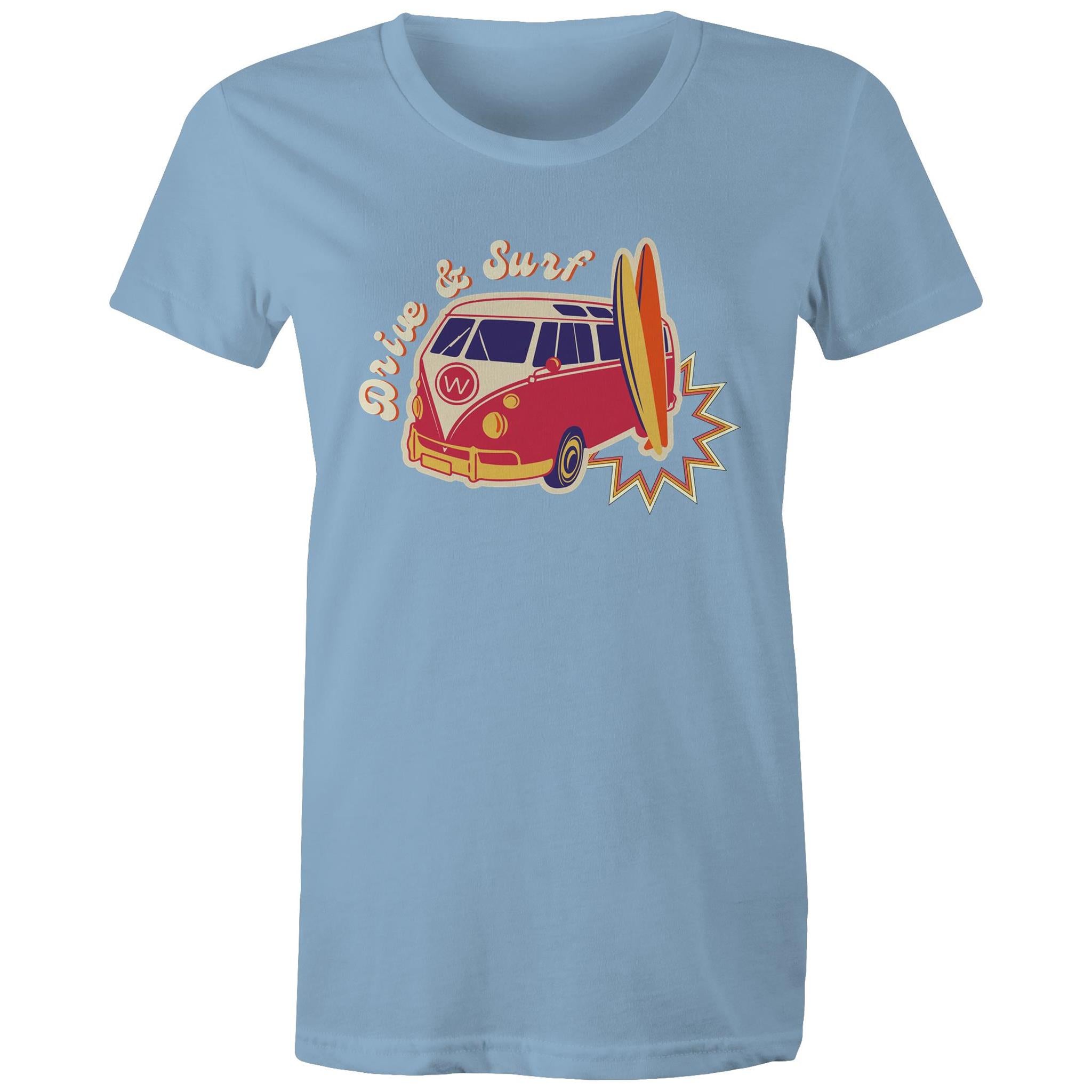 Drive And Surf - Womens T-shirt Carolina Blue Womens T-shirt Printed In Australia Summer Surf