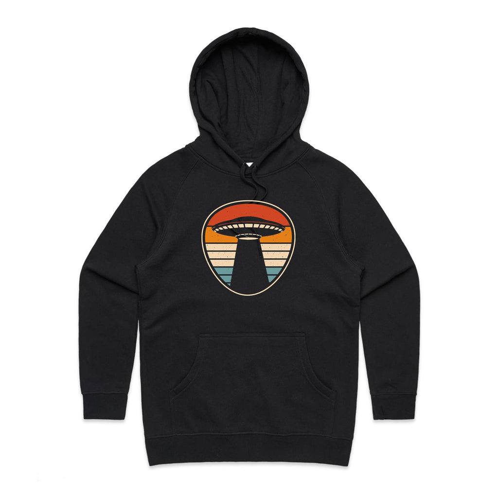 UFO, Retro Stripes - Womens Hoodie Black Womens Hoodie Printed In Australia Sci Fi