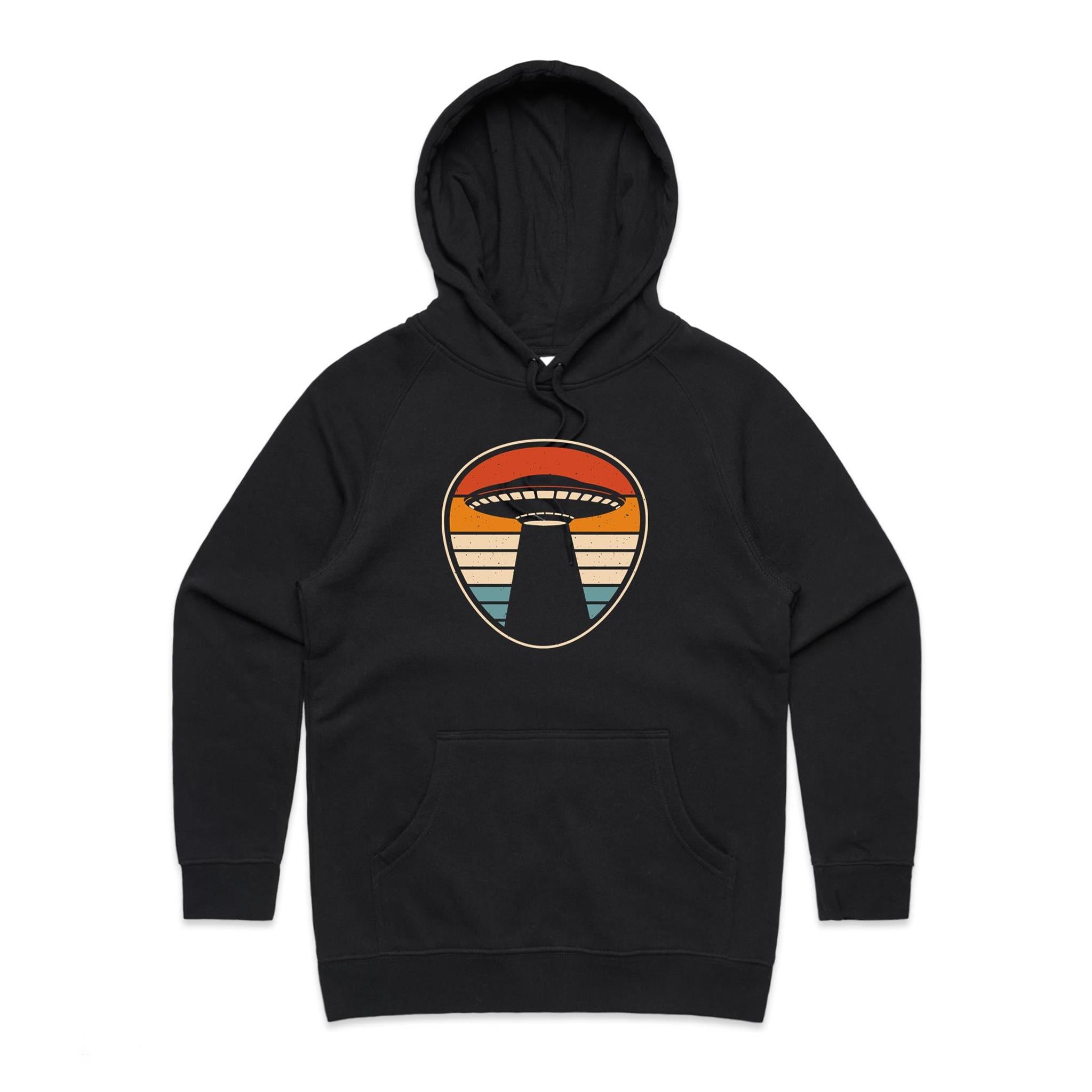 UFO, Retro Stripes - Womens Hoodie Black Womens Hoodie Printed In Australia Sci Fi