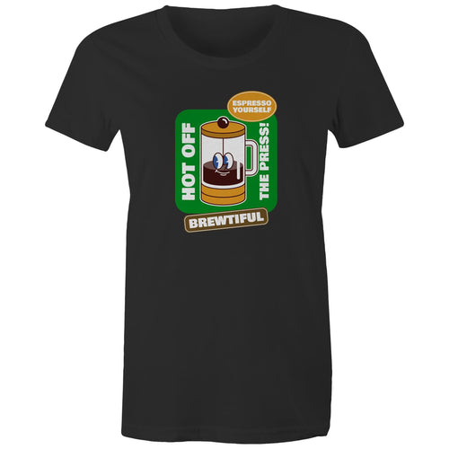Brewtiful, Coffee Press - Womens T-shirt Black Womens T-shirt Coffee Printed In Australia