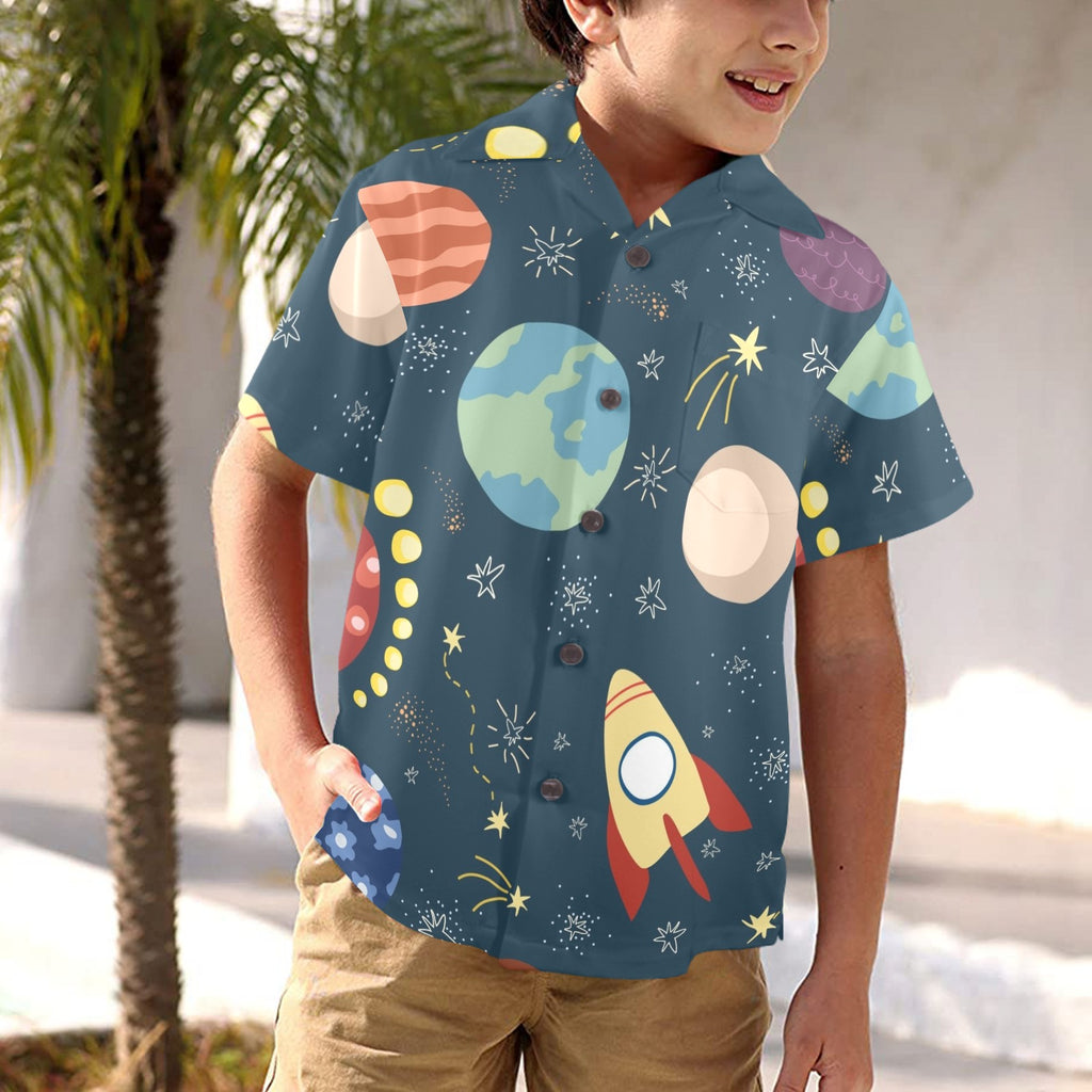 Rocket and Planets In Space - Junior Kids Hawaiian Shirt
