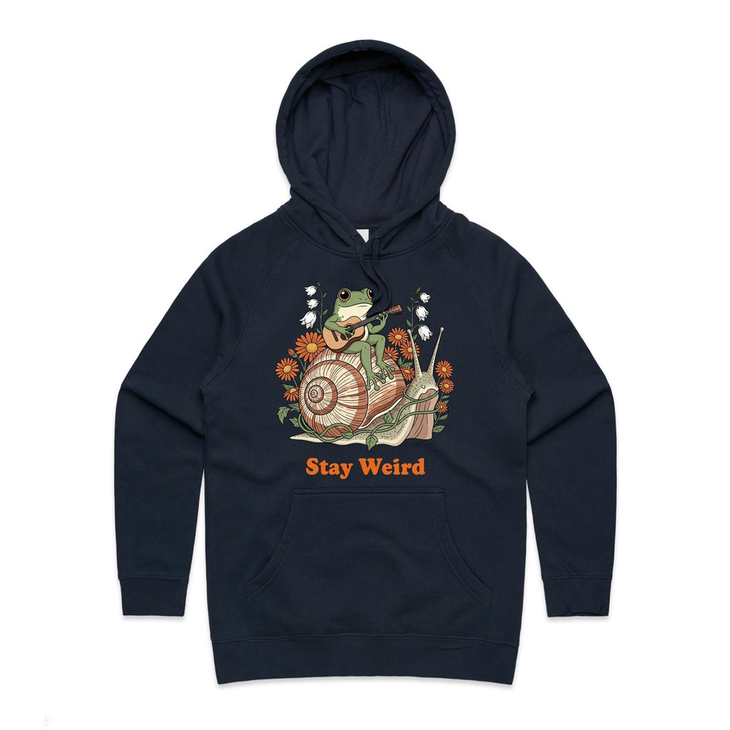 Stay Weird, Guitar Playing Frog On A Snail Women's AS Colour Hoodie Navy Womens Hoodie animal Music Printed In Australia
