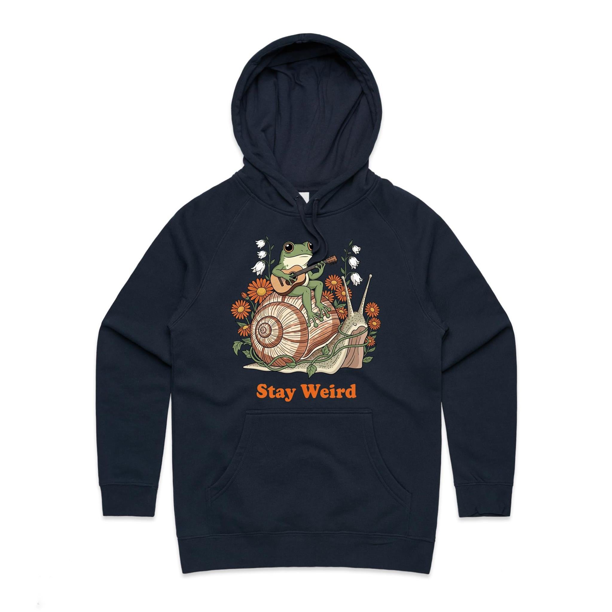 Stay Weird, Guitar Playing Frog On A Snail Women's AS Colour Hoodie Navy Womens Hoodie animal Music Printed In Australia