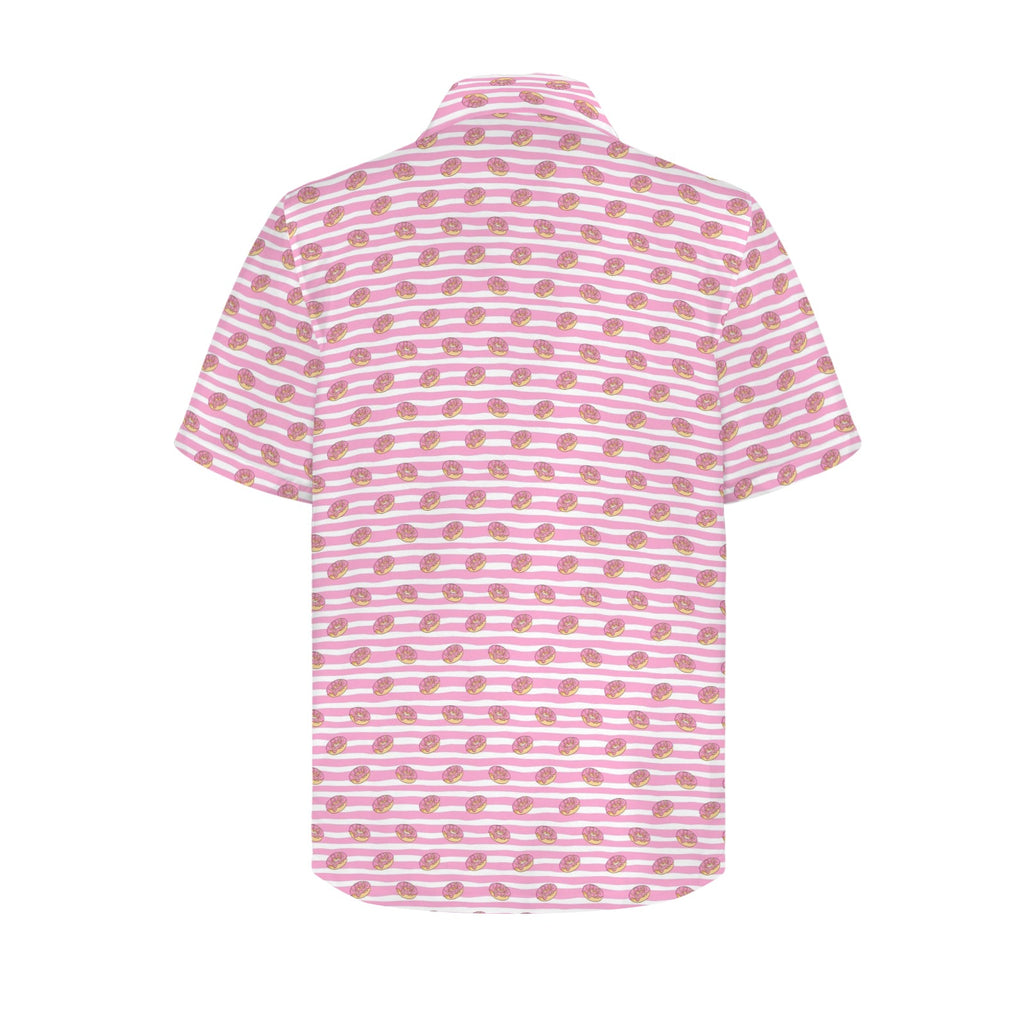 Pink Donut Stripes Men's Short Sleeve Hawaiian Shirt Men's Hawaiian Shirt (New) Food Printed Offshore