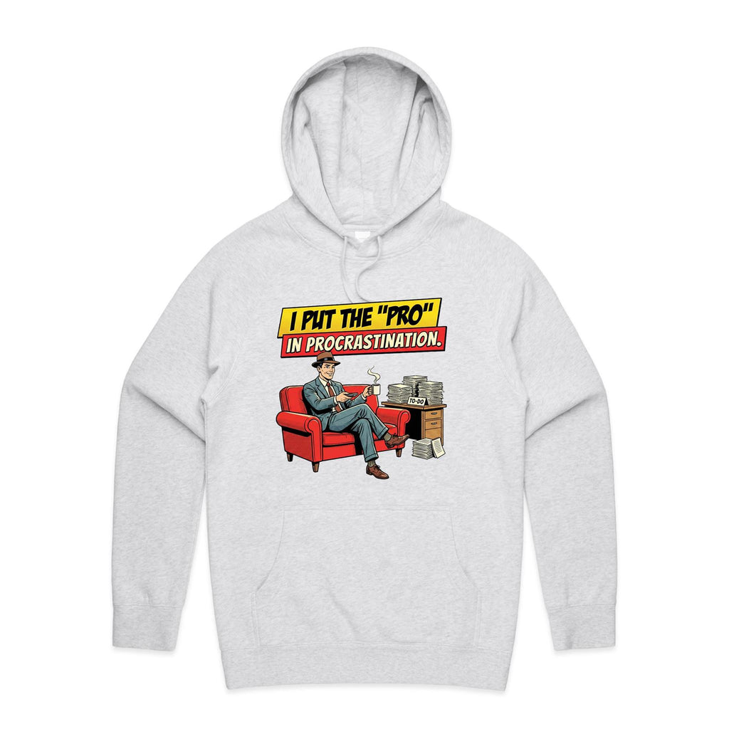 I Put The Pro In Procrastination, Retro Gentleman Men's AS Colour Hoodie White Marle Mens Hoodie comic Printed In Australia