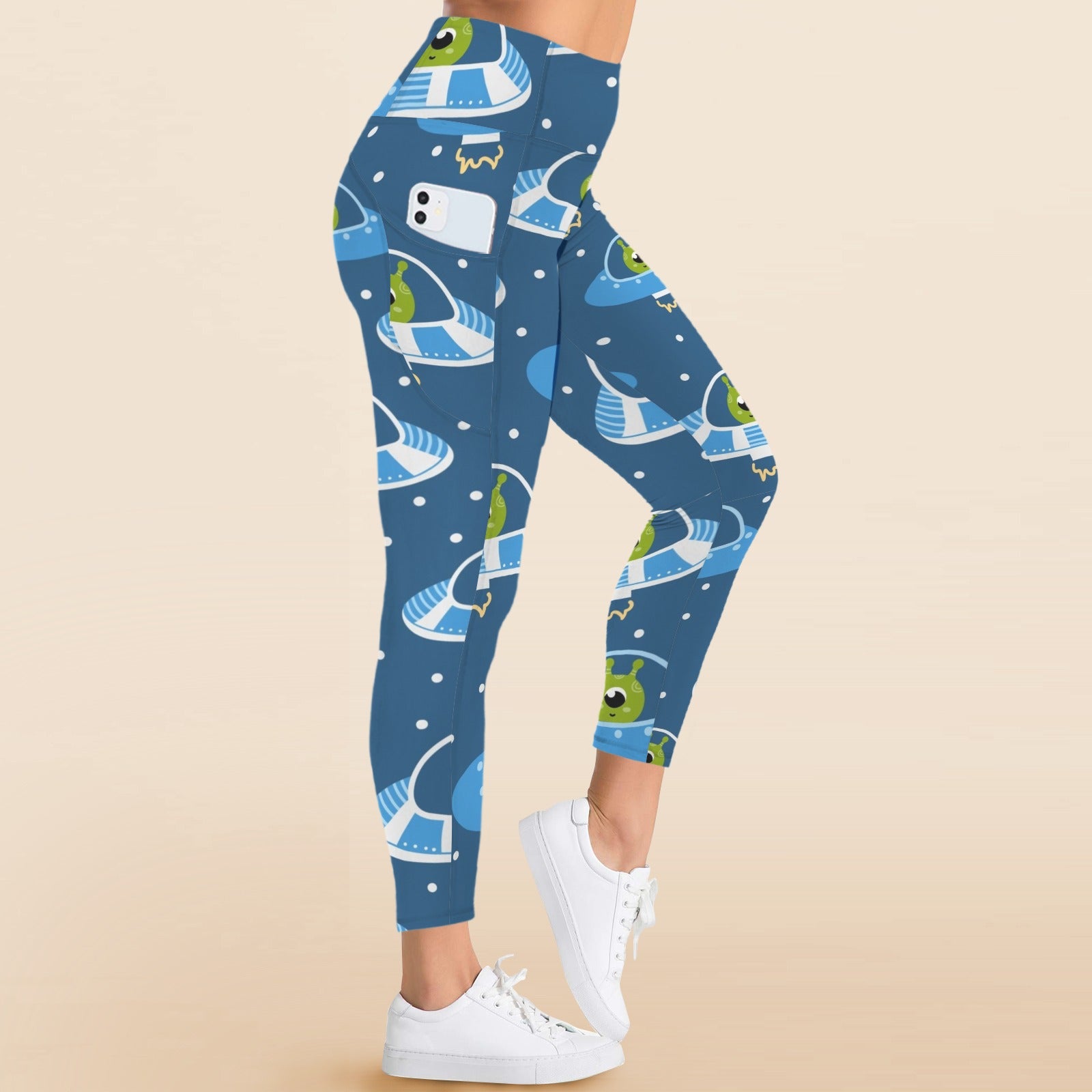 Cute Aliens in UFOs - Women's High Waist Pockets Yoga Leggings
