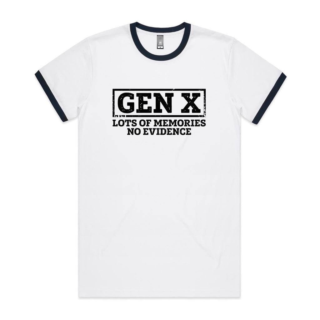 Gen X, Lots Of Memories, No Evidence Men's AS Colour Ringer Tee White Navy Ringer T-Shirt Printed In Australia