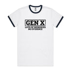 Gen X, Lots Of Memories, No Evidence Men's AS Colour Ringer Tee White Navy Ringer T-Shirt Printed In Australia