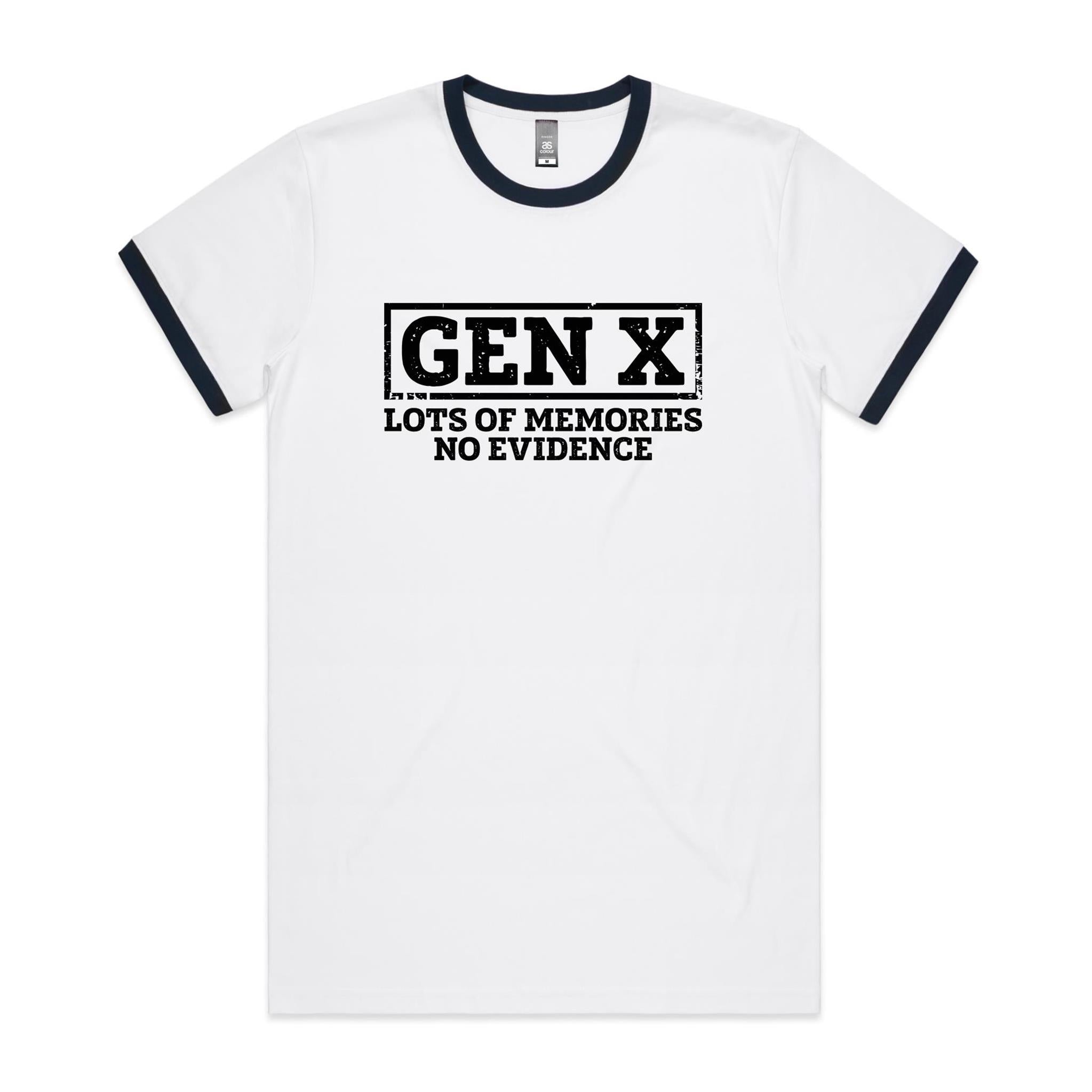 Gen X, Lots Of Memories, No Evidence - Staple Ringer Tee White Navy Ringer T-Shirt Printed In Australia