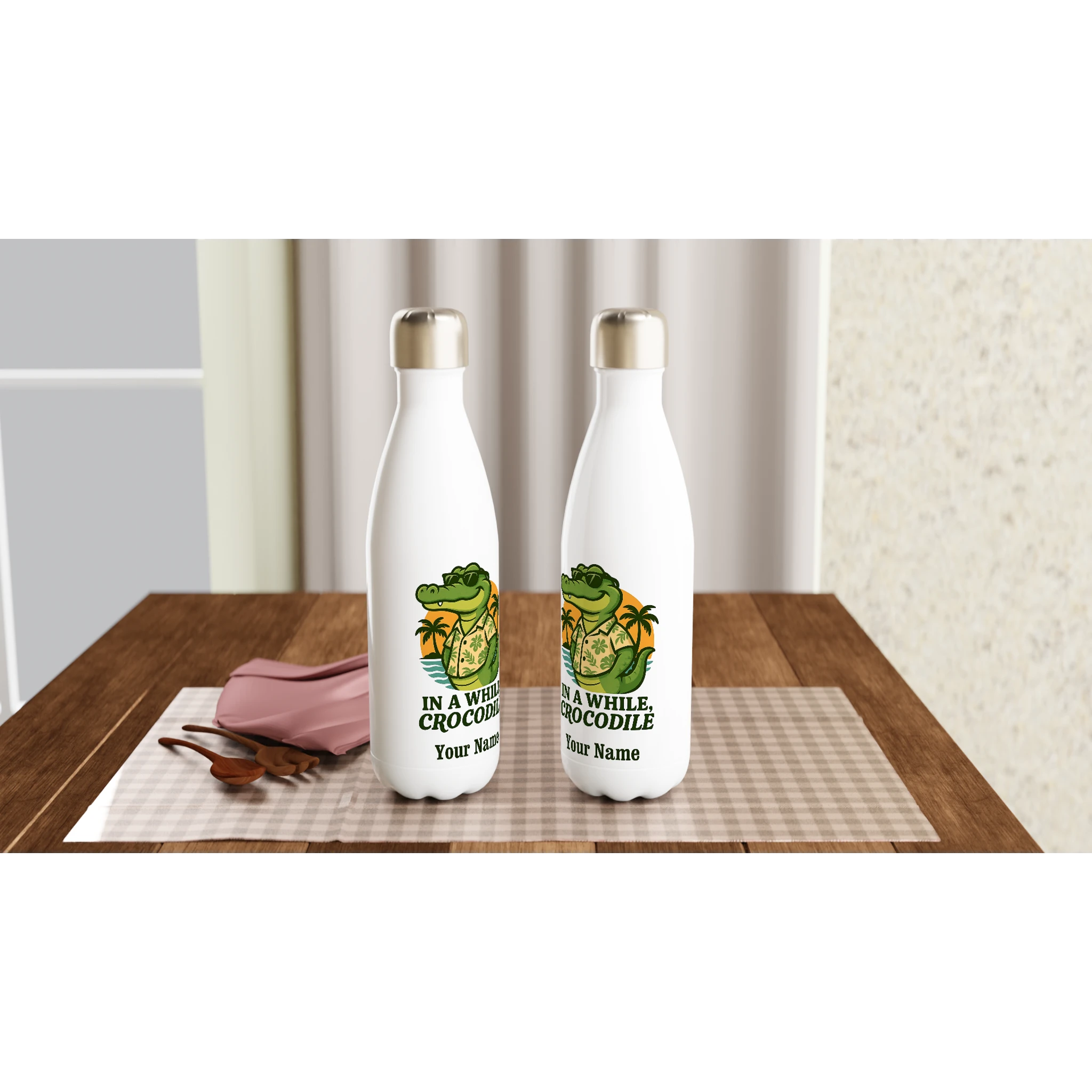 Personalised In A While, Crocodile White 17oz Stainless Steel Water Bottle Personalised Water Bottle animal Globally Fulfilled