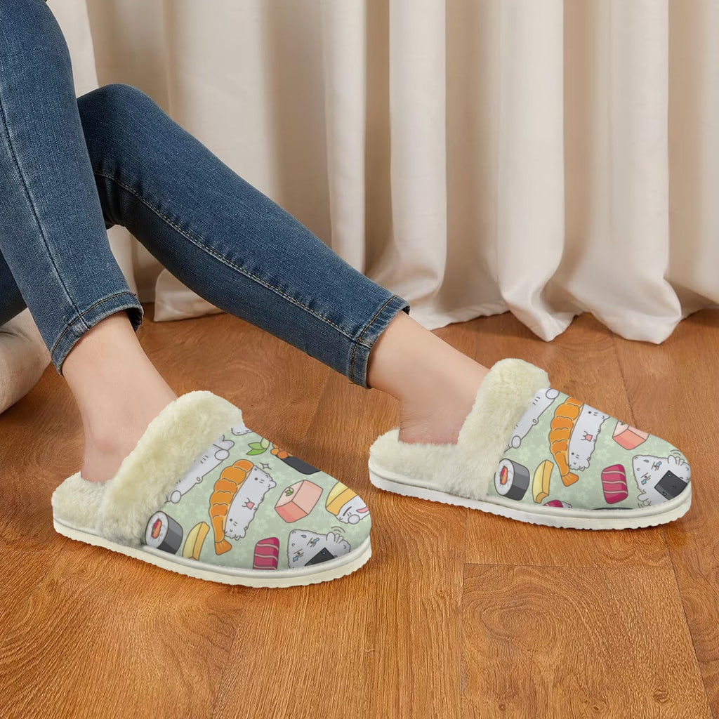 Happy Sushi Women's Fur Trim Thick-Sole Indoor Slippers Women's Fur Trimmed Slippers Food Printed Offshore