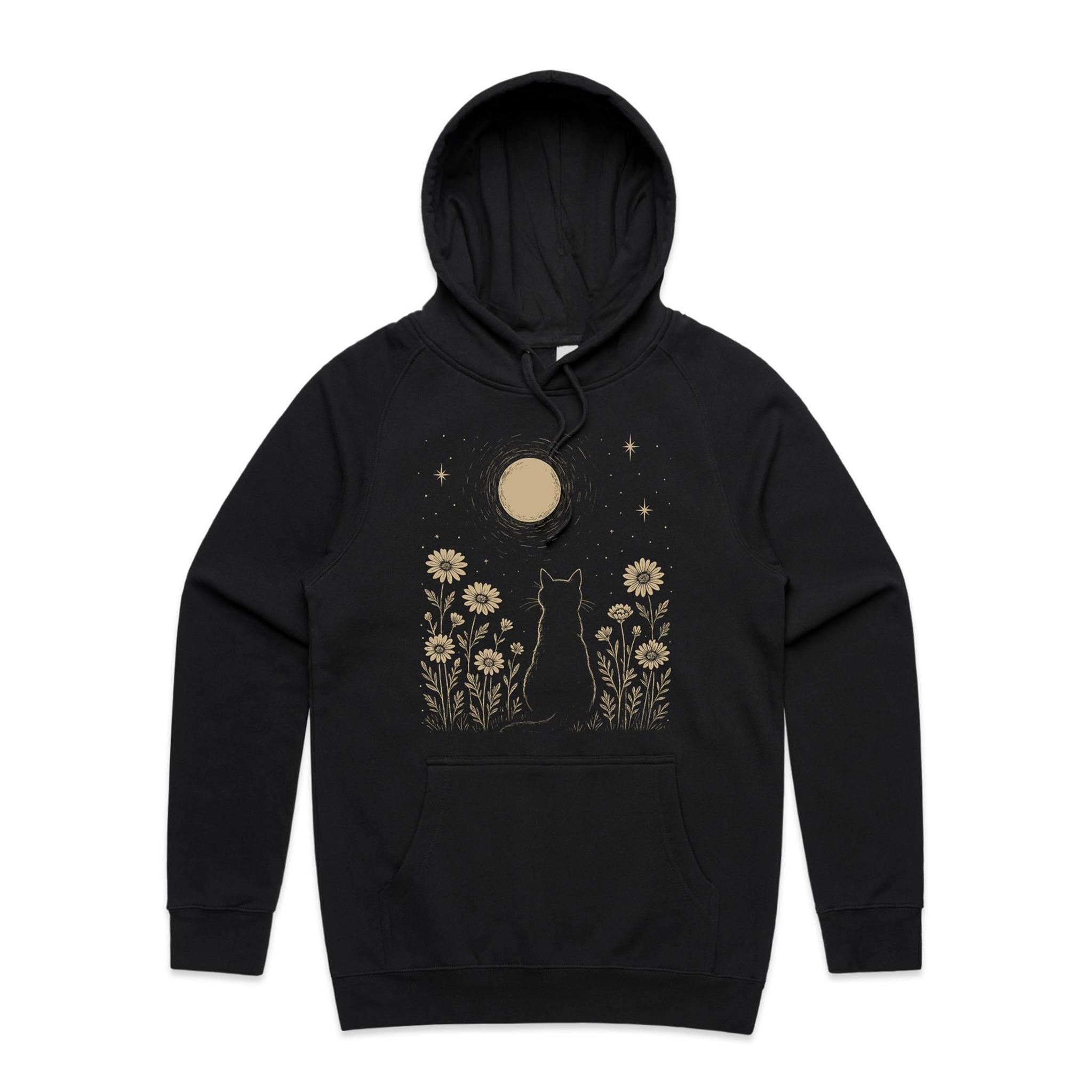 Whimsical Cat And Moon Men's AS Colour Hoodie Black Mens Hoodie animal Printed In Australia