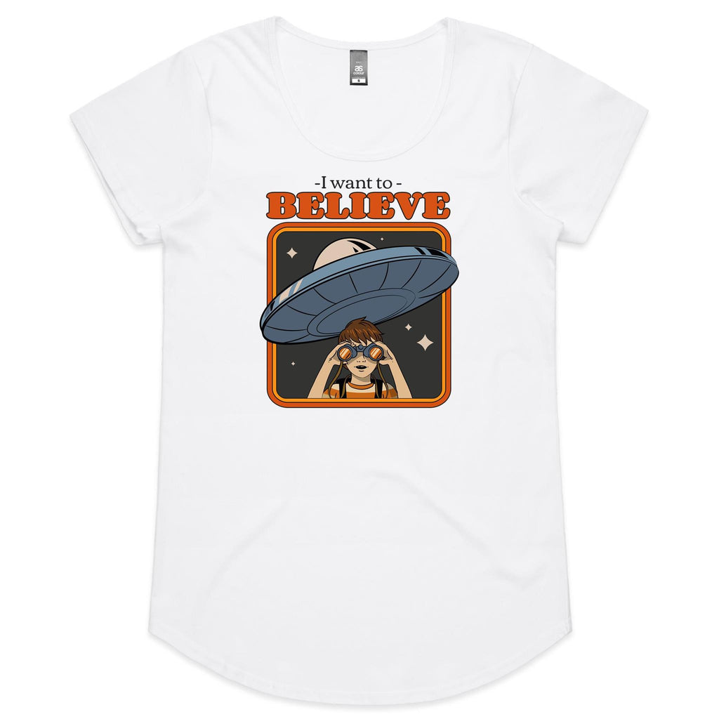 I Want To Believe, UFO - Womens Scoop Neck T-Shirt White Womens Scoop Neck T-shirt Printed In Australia Sci Fi