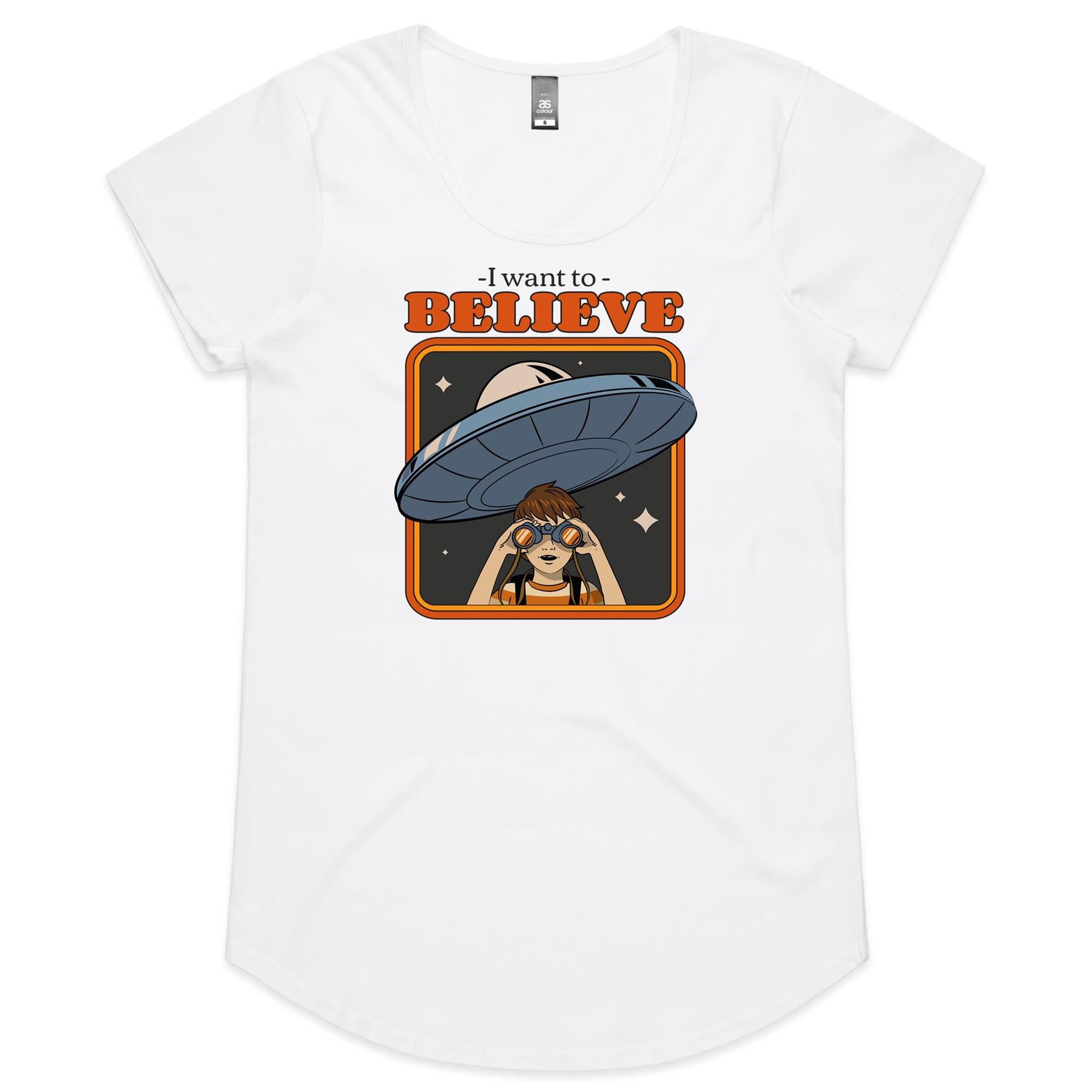 I Want To Believe, UFO - Womens Scoop Neck T-Shirt White Womens Scoop Neck T-shirt Printed In Australia Sci Fi
