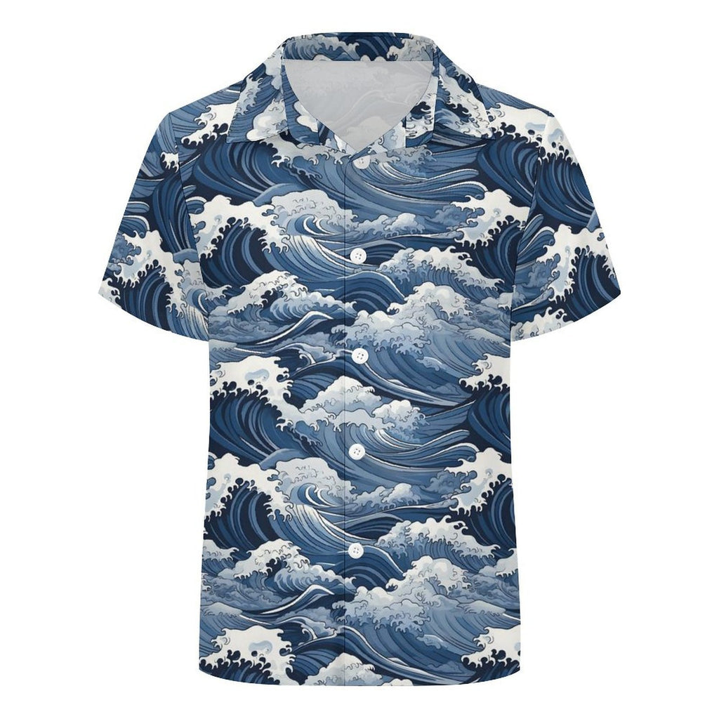 Japanese Waves Kids Youth Short Sleeve Button Up Shirt