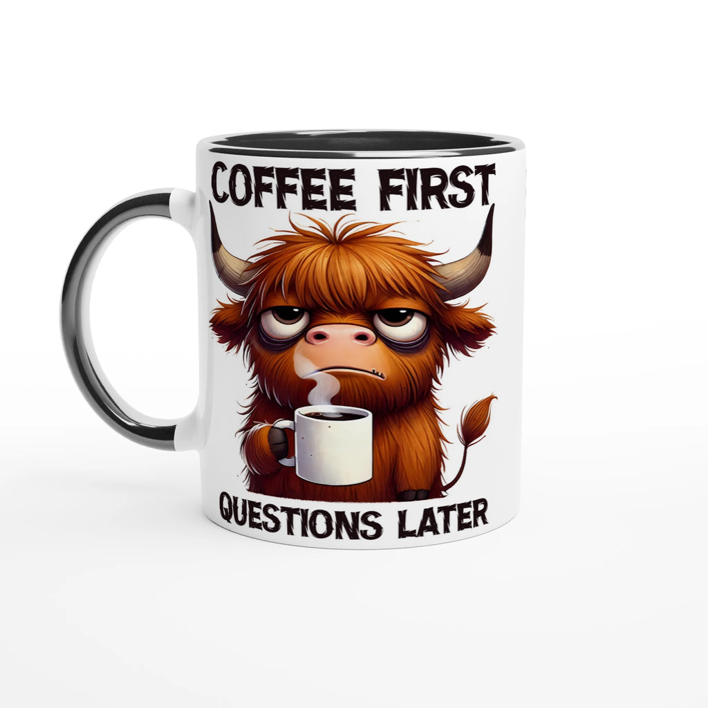 Personalise - Coffee First, Questions Later, Highland Cow - 11oz Ceramic Mug Ceramic Black Personalised 11oz Mug animal Coffee Globally Fulfilled