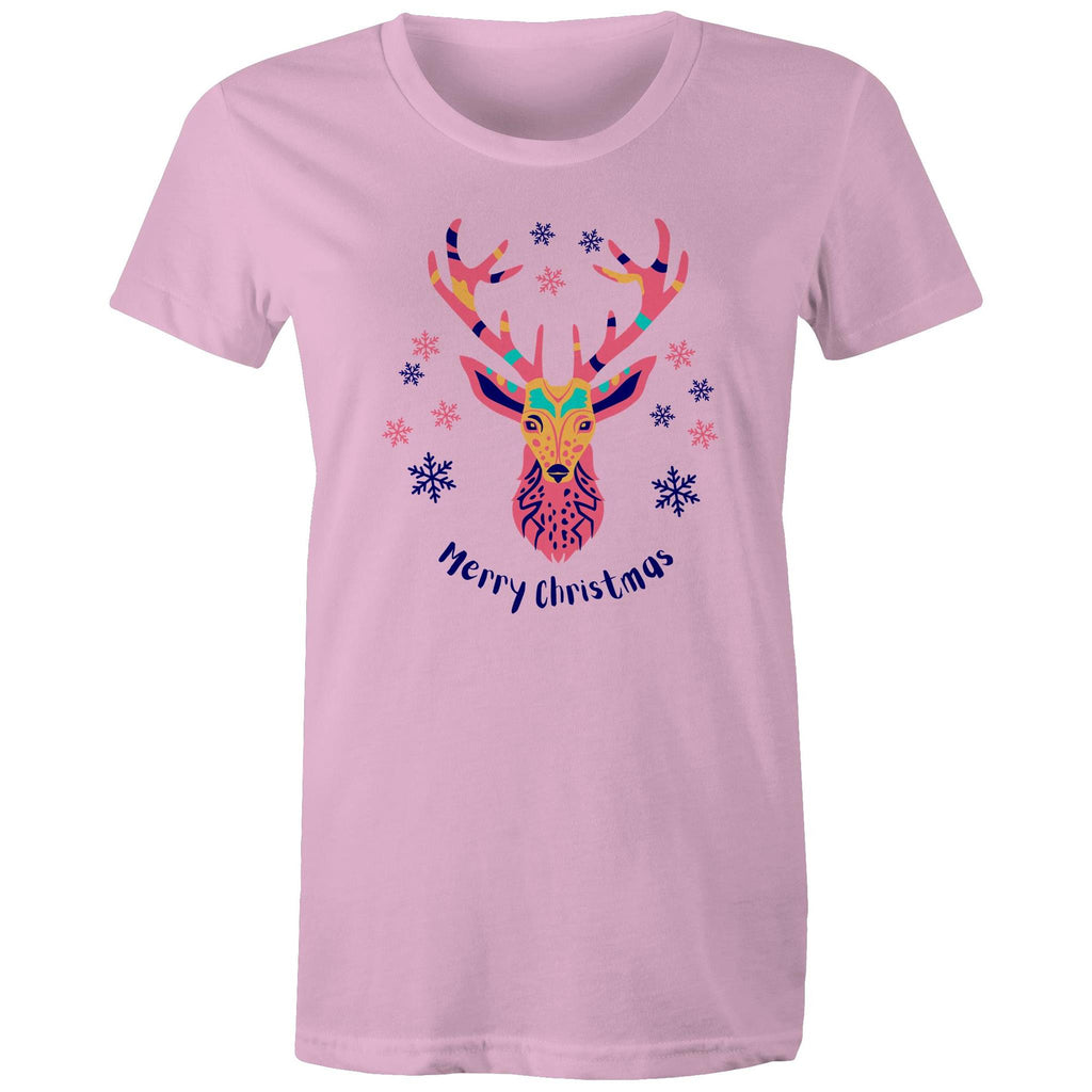 Merry Christmas Deer - Womens T-shirt Pink Womens Christmas T-shirt Christmas Printed In Australia