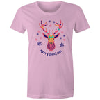 Merry Christmas Deer - Womens T-shirt Pink Womens Christmas T-shirt Christmas Printed In Australia