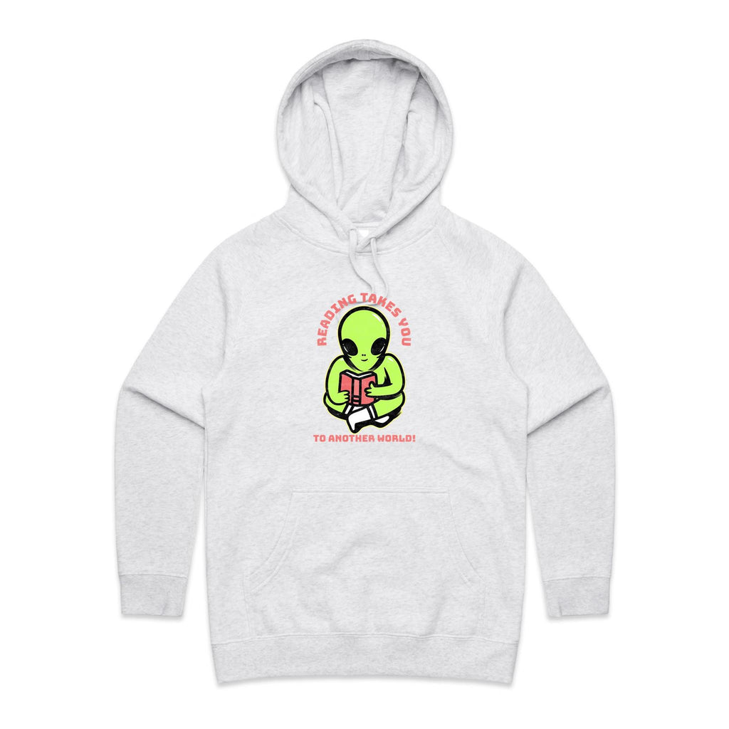 Reading Takes You To Another World, Alien - Womens Hoodie White Marle Womens Hoodie Printed In Australia Reading Sci Fi