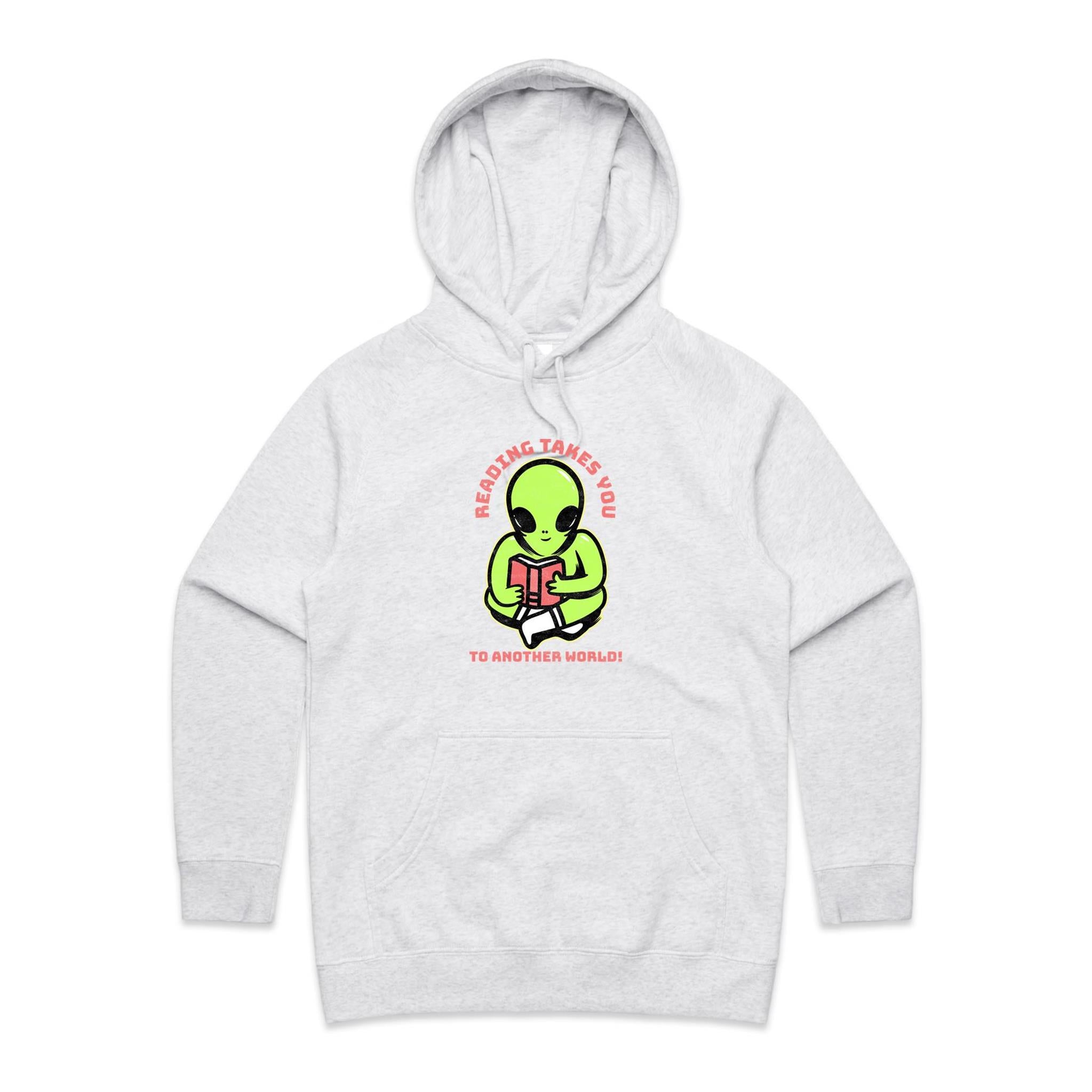 Reading Takes You To Another World, Alien - Womens Hoodie White Marle Womens Hoodie Printed In Australia Reading Sci Fi