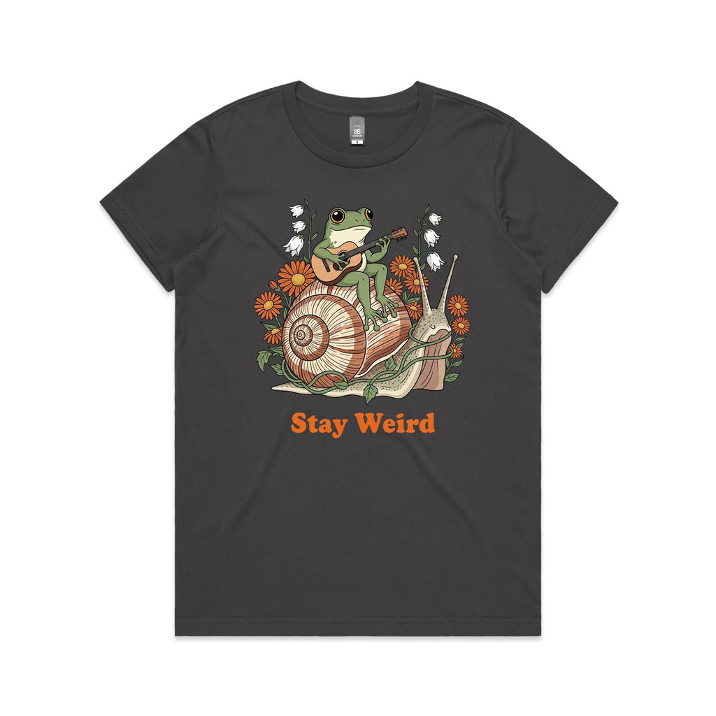 Stay Weird, Guitar Playing Frog On A Snail Women's AS Colour T-shirt Charcoal Womens T-shirt animal Music Printed In Australia