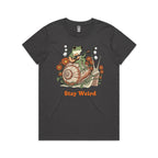 Stay Weird, Guitar Playing Frog On A Snail Women's AS Colour T-shirt Charcoal Womens T-shirt animal Music Printed In Australia