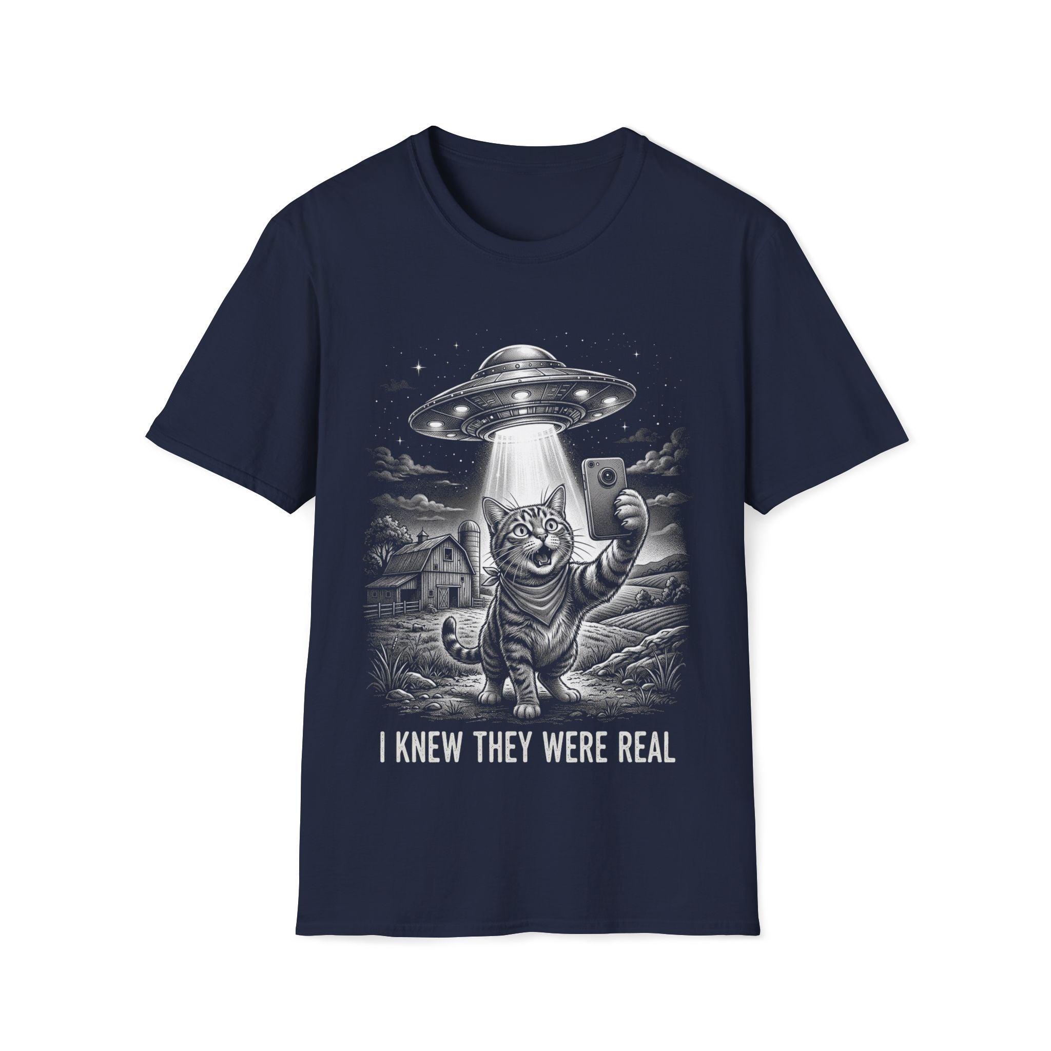 Cat Selfie Under UFO Unisex T-Shirt Navy Unisex Adult T-shirt animal Globally Fulfilled Sci Fi