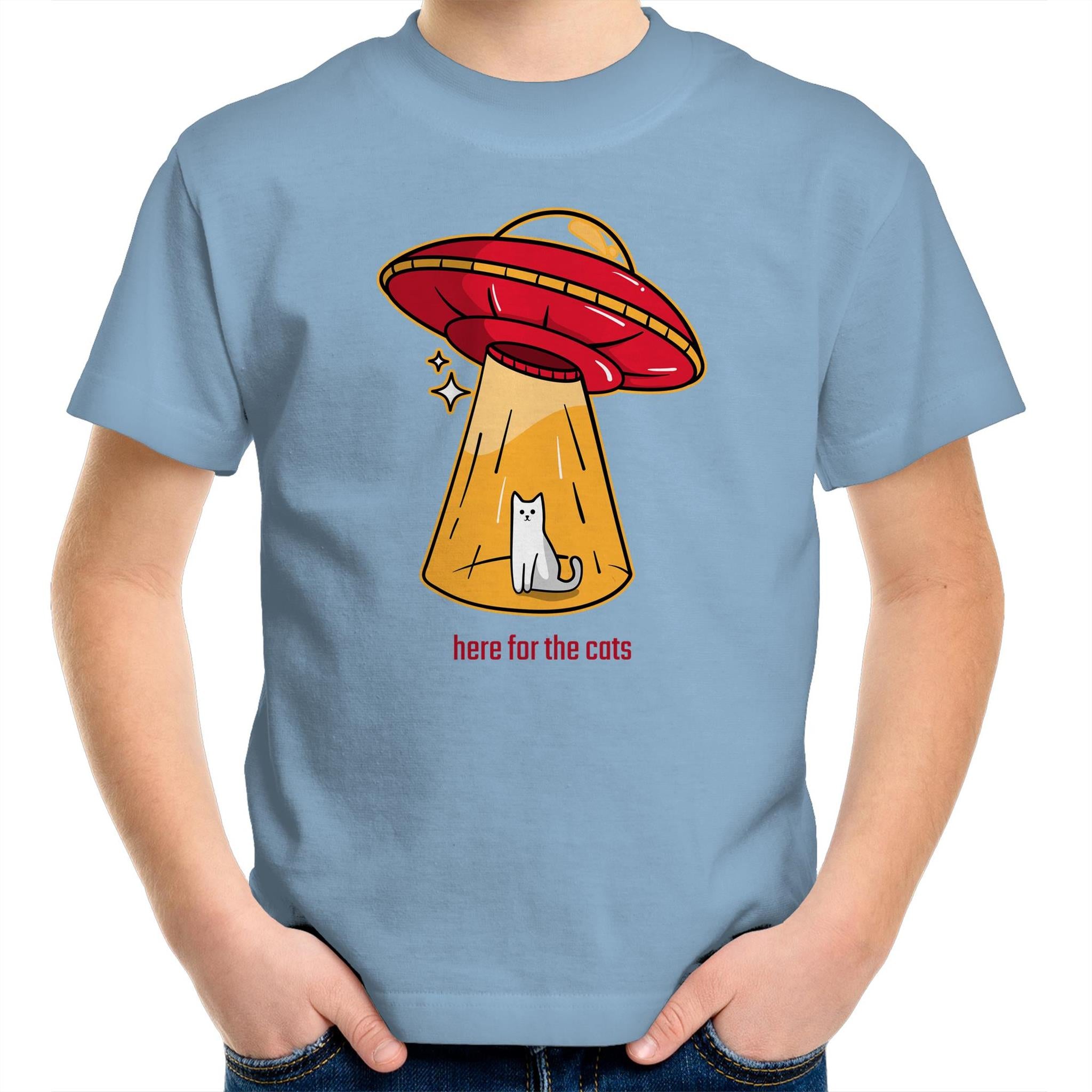UFO, Here For The Cats - Kids Youth T-Shirt Carolina Blue Kids Youth T-shirt animal Printed In Australia Sci Fi