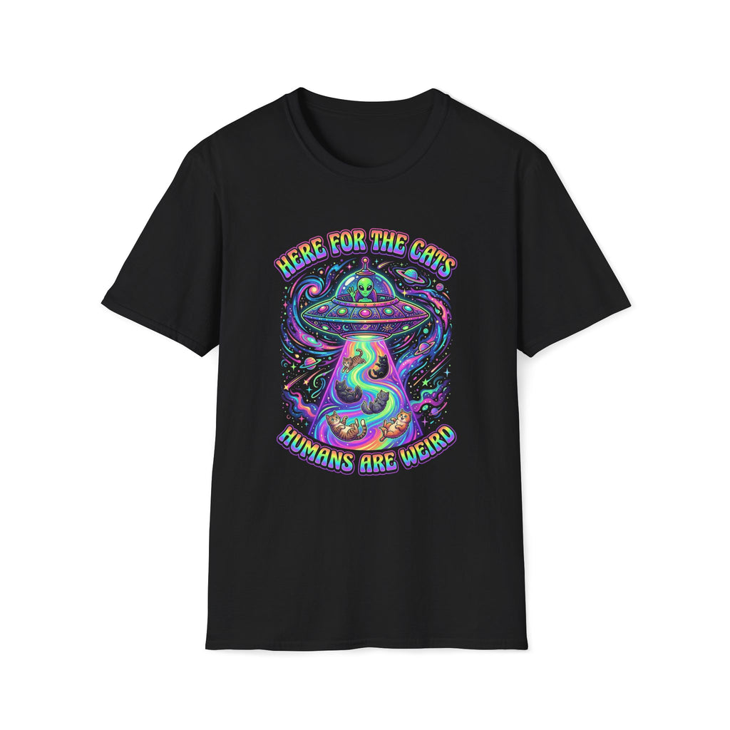 Here For The Cats Alien UFO Unisex T-Shirt Black Unisex Adult T-shirt animal Globally Fulfilled Sci Fi